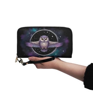 Carteira Astral Owl Couro Vegano Carteira Bonita Carteira de Couro Vegano Carteira Feminina com Zíper Carteira Bonita com Vários Bolsos