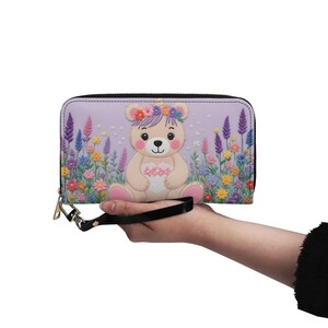 Carteira com estampa de urso unicórnio, couro vegano, carteira fofa, carteira de couro vegano, zíper, carteira feminina, fofa, com vários bolsos, ideia de presente única