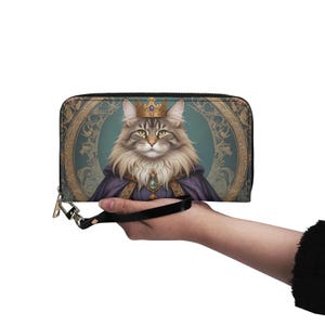 Carteira de gato Maine Coon, arte de retrato de gato, pintura facial de animal de estimação, couro vegano, carteira fofa com zíper, carteira feminina, presente fofo para amantes de gatos