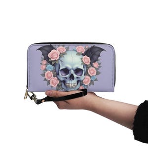 Carteira fofa de caveira pastelgoth couro vegano carteira fofa carteira de couro vegano zíper carteira feminina fofa com vários bolsos ideia de presente única