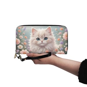 Carteira de gato em tons pastel, carteira fofa de couro vegano, carteira de couro vegano com zíper, carteira feminina fofa com vários bolsos, ideia de presente única