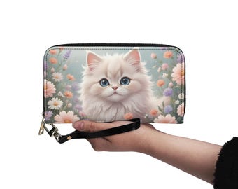 Pastel Color Cat Wallet Vegan Leather Cute Wallet Vegan Leather Wallet Zip Around Women Wallet Cute Multi Pocket Unique Gift Idea