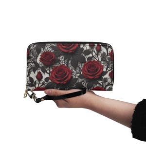 Carteira Laced Roses Couro Vegano Carteira Bonita Carteira de Couro Vegano Carteira Feminina com Zíper Carteira Bonita com Vários Bolsos Ideia Única para Presente