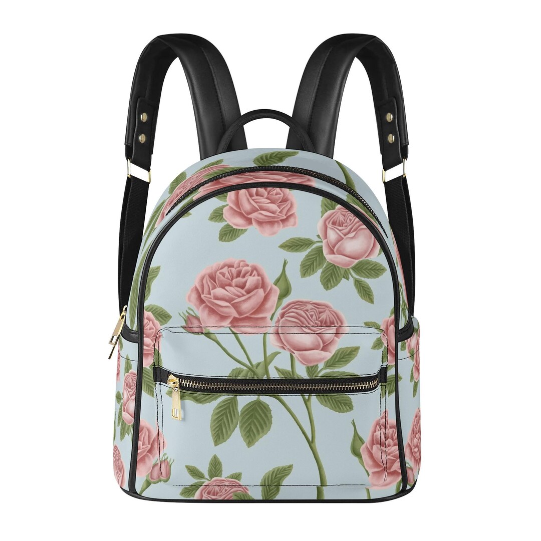 Pink Blue Roses Vegan Leather Backpack PU Backpack Mini  display picture 1