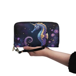 Portefeuille magique hippocampe en cuir végétalien mignon portefeuille en cuir végétalien portefeuille avec fermeture éclair femme portefeuille mignon multi-poches