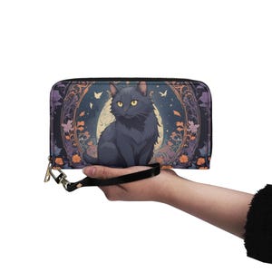 Portefeuille chat fantasmagorique en cuir végétalien Portefeuille mignon en cuir végétalien Portefeuille avec fermeture éclair pour femme Idée cadeau unique mignonne avec plusieurs poches
