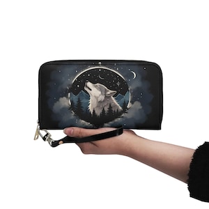 Celestal Wolf Portefeuille mignon en cuir végétalien Portefeuille en cuir végétalien avec fermeture éclair pour femme Portefeuille mignon avec plusieurs poches