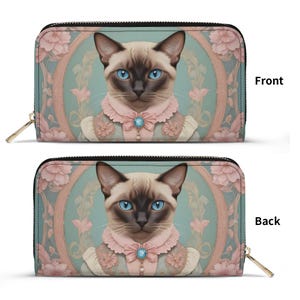 Carteira de gato siamês Carteira fofa de couro vegano Carteira de couro vegano com zíper Carteira feminina fofa com vários bolsos Ideia de presente exclusiva