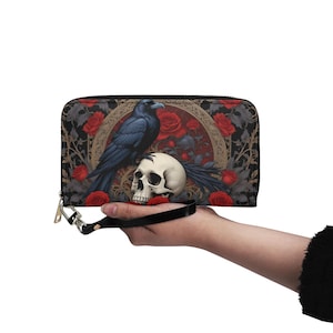 Carteira Goth Crow Skull Carteira de couro vegana fofa Carteira de couro vegana com zíper Carteira feminina fofa com vários bolsos Ideia de presente única