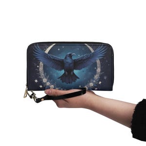 Carteira Witchcraft Dark Raven Carteira de couro vegano Carteira fofa de couro vegano Carteira feminina com zíper Carteira fofa com vários bolsos Ideia de presente exclusiva
