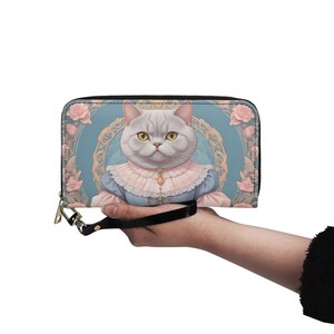 Carteira de gato de pelo curto britânico Carteira fofa de couro vegano Carteira de couro vegano com zíper Carteira feminina fofa com vários bolsos Ideia de presente exclusiva