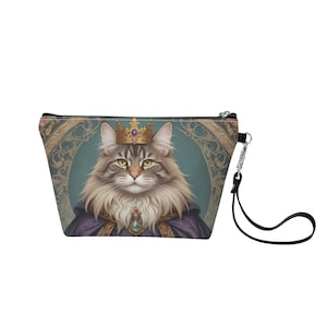 Trousse de maquillage pour chat Maine Coon Jolie pochette en cuir végétalien Pochette à glissière Porte-monnaie Pochette à crayons Trousse de toilette Imprimé animal Portrait d'animal de compagnie Sac d'art