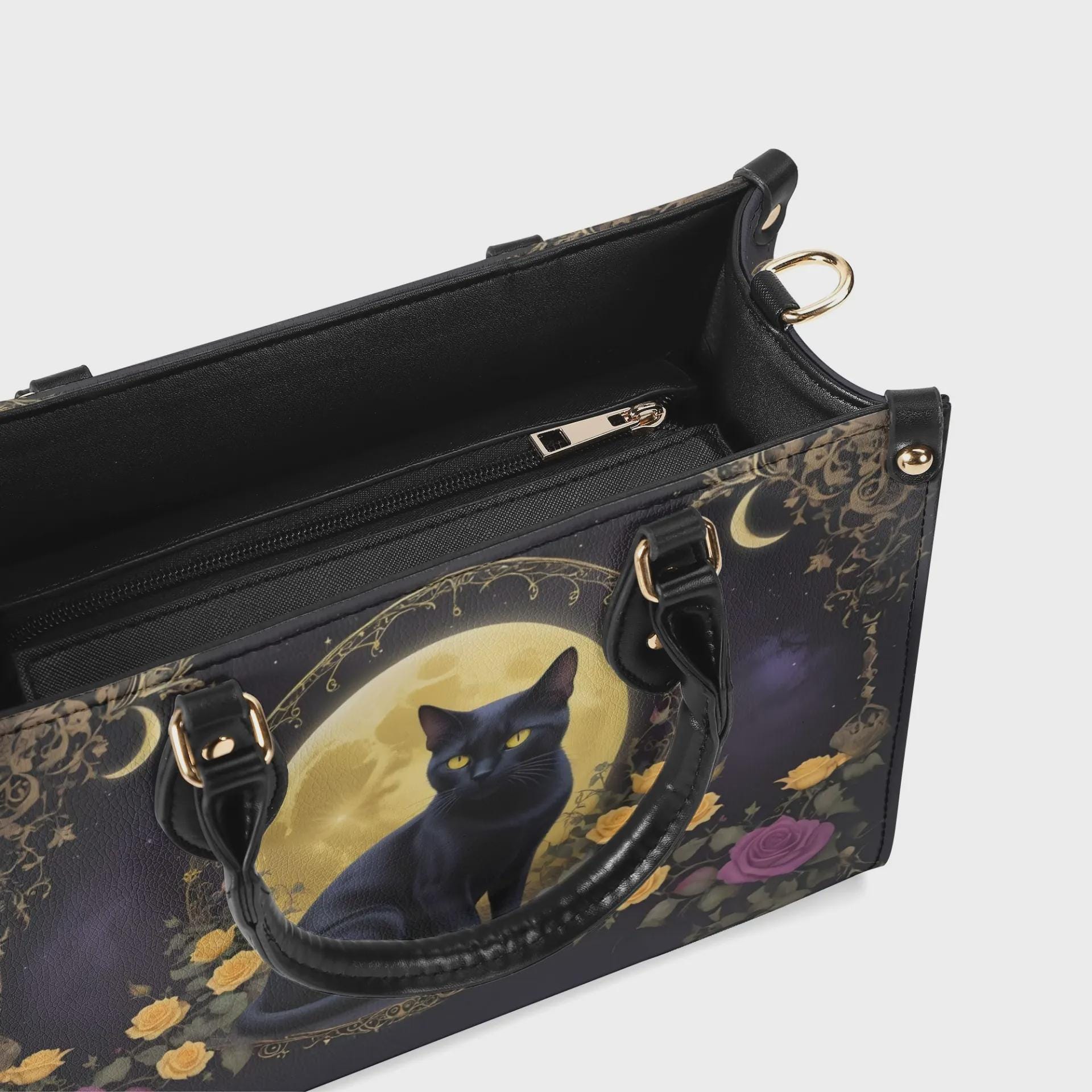 Witchy Black Cat Vegan Leather Handbag, Moon and Roses Print - Etsy