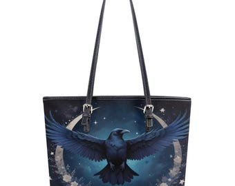 Witchcraft Raven Tote Bag, Vegan Leather Shoulder Bag, Inner Pockets