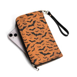Cartera de piel sintética con diseño de murciélago naranja y negro: accesorio para Halloween