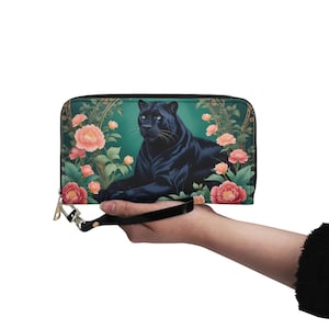 Carteira de leopardo escuro, couro vegano, carteira fofa, carteira de couro vegano, zíper, carteira feminina, fofa, com vários bolsos, ideia de presente única