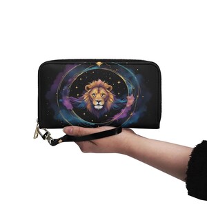 Portefeuille Zodiac Lion en cuir végétalien Portefeuille mignon en cuir végétalien Portefeuille zippé pour femme mignon avec plusieurs poches