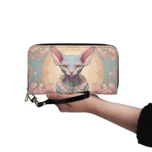 Carteira Sphynx Cat Carteira de couro vegano Carteira fofa Carteira de couro vegano com zíper Carteira feminina fofa com vários bolsos Ideia de presente exclusiva