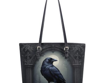 Gothic Raven Tote Bag Cute Tote Bag Vegan Faux Leather Shoulder Bag Large PU Leather Tote Bags with Inner Pockets, Zip Enclosure