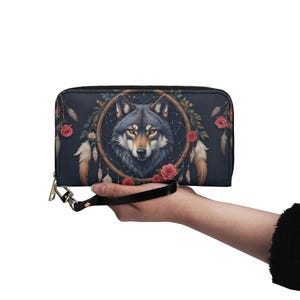 Carteira Animal Wolf Sprit Couro Vegano Carteira Bonita Carteira de Couro Vegano Carteira Feminina com Zíper e Vários Bolsos Ideia Única para Presente