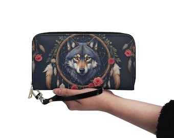 Wolf Sprit dierenportemonnee veganistische lederen schattige portemonnee veganistische lederen portemonnee rits rond damesportemonnee schattig multi-pocket uniek cadeau-idee