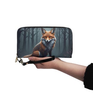 Carteira Dark Fox Carteira de couro vegano Carteira fofa de couro vegano Carteira com zíper Carteira feminina com vários bolsos Ideia de presente exclusiva