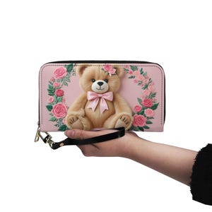 Faux Bordado Urso de Pelúcia Bonito Carteira de Couro Vegano Carteira Bonita Carteira Feminina com Zíper Carteiras de Presente Únicas
