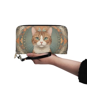 Cartera vintage de gato de cuero vegano, bonita cartera de cuero vegano, cartera con cremallera para mujer, bonita cartera con múltiples bolsillos, idea de regalo única