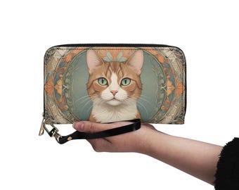 Vintage Cat Wallet Vegan Leather Cute Wallet Vegan Leather Wallet Zip Around Women Wallet Cute Multi Pocket Unique Gift Idea