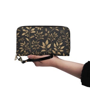 Cartera de hojas doradas Cartera de cuero vegano Bonita Cartera de cuero vegano Cartera con cremallera alrededor Cartera de mujer Bonita Idea de regalo única con múltiples bolsillos