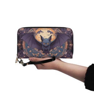 Carteira de morcego assustador Carteira de couro vegano Carteira fofa de couro vegano Carteira com zíper Carteira feminina fofa com vários bolsos Ideia de presente única