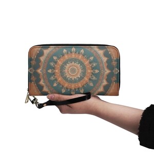 Carteira com estampa boho de couro vegano, carteira fofa de couro vegano, carteira feminina com zíper, carteira fofa com vários bolsos, ideia de presente única