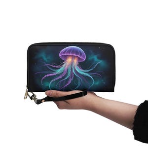 Carteira Jellyfish Galaxy Carteira Vegana de Couro Fofa Carteira Vegana de Couro com Zíper Carteira Feminina Bonita com Vários Bolsos