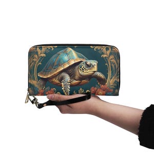 Carteira Golden Turtle Couro Vegano Carteira Bonita Carteira de Couro Vegano Carteira Feminina com Zíper Carteira Bonita com Vários Bolsos Ideia Única para Presente