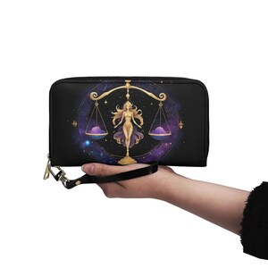 Portefeuille Zodiac Balance en cuir végétalien Portefeuille mignon en cuir végétalien Portefeuille zippé pour femme mignon avec plusieurs poches