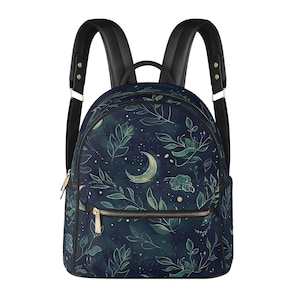 May include: A black leather backpack with adjustable straps. The backpack has a dark blue background with a pattern of green leaves and a crescent moon.