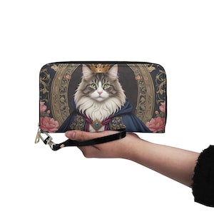 Cartera con diseño de gato del bosque noruego, retrato de gato, pintura facial de mascota, piel vegana, bonita cartera con cremallera, para mujer, bonito regalo para amantes de los gatos
