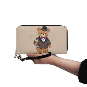 Carteira de urso de pelúcia fofa de couro vegano Carteira fofa de couro vegano Carteira com zíper Carteira feminina fofa com vários bolsos Ideia de presente exclusiva