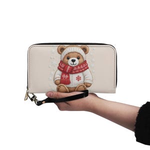 Carteira de urso de pelúcia para presente de Natal, carteira fofa de couro vegano, carteira de couro vegano com zíper, carteira feminina fofa com vários bolsos, ideia de presente única