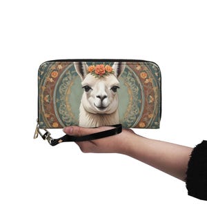 Carteira de lhama vintage, carteira fofa de couro vegano, carteira de couro vegano com zíper, carteira feminina fofa com vários bolsos, ideia de presente única
