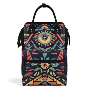 May include: A black diaper bag with a colorful geometric pattern featuring a large eye design. The bag has two zippered compartments and adjustable straps.
