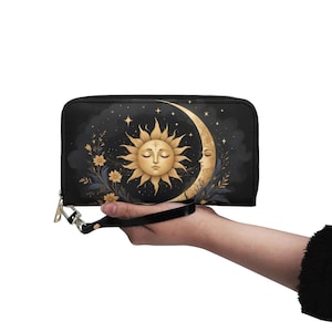 Sonne Mond Brieftasche Vegan Leder Nette Brieftasche Vegan Leder Brieftasche Zip Rund Frauen Brieftasche Nette Multi Tasche