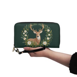 Sac vert forêt cerf fausse broderie style imprimé portefeuille en cuir végétalien joli portefeuille portefeuille à fermeture éclair pour femme cadeau unique portefeuilles