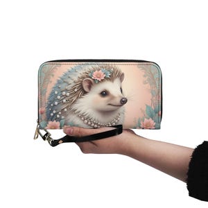 Carteira com estampa de arte de ouriço pastel couro vegano carteira fofa carteira de couro vegano zíper carteira feminina fofa com vários bolsos ideia de presente única