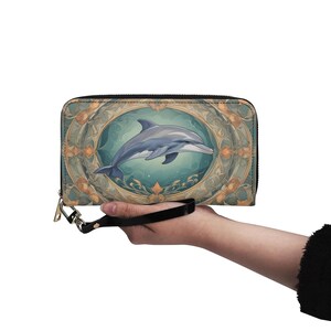 Carteira Vintage Estampa Golfinho Couro Vegano Carteira Bonita Carteira de Couro Vegano Zip Around Carteira Feminina Bonita Multi Bolsos Ideia Única de Presente