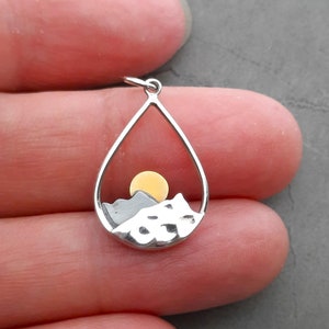 Sterling Silver Mountain Charm with Bronze Sun in teardrop shape, Mountain Pendant, Hiker Jewelry, Gift for Outdoor lover women