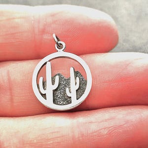 Sterling Silver Desert Mountain Pendant with cactus, Cactus Charm for jewelry making of necklace earrings keychain, camping summer charms