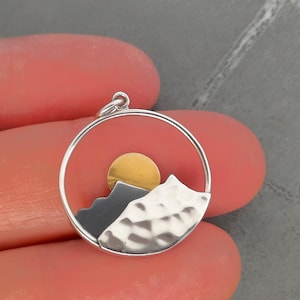 Mountain Charm, Sterling Silver Mountain Range Pendant with Bronze Sun, Mountain Hiker Jewelry, Gift for Outdoor lover women