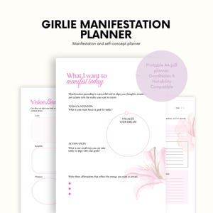 May include: A white planner with the text "GIRLIE MANIFESTATION PLANNER" in black. The planner includes sections for manifestation, vision boards, and affirmations. The text "What I want to manifest today" is in pink.