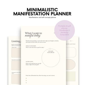 Puede incluir: Un planificador de manifestación minimalista con el texto "MINIMALISTIC MANIFESTATION PLANNER". El planificador incluye secciones para intenciones diarias, pasos de acción y afirmaciones.